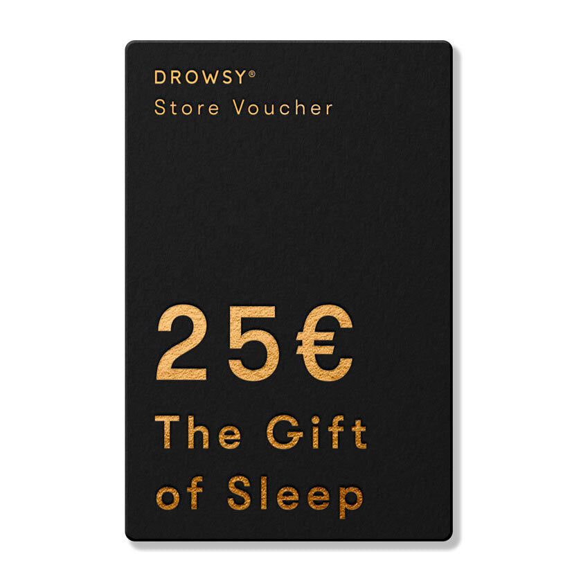 A black Sleep Gift Card from Drowsy with gold text that reads "25€ The Gift of Sleep.