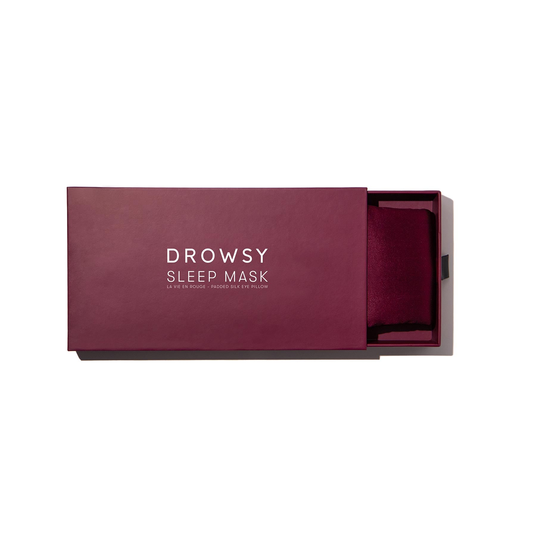 Drowsy Sleep Co. La Vie En Rouge Silk Sleep Mask box on white background