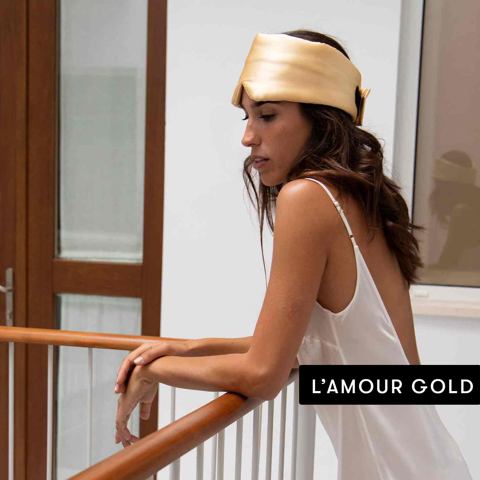 A woman in a white satin dress leans on a balcony railing, wearing a gold satin headband. "Besties Pack" appears in bold text at the bottom right corner.