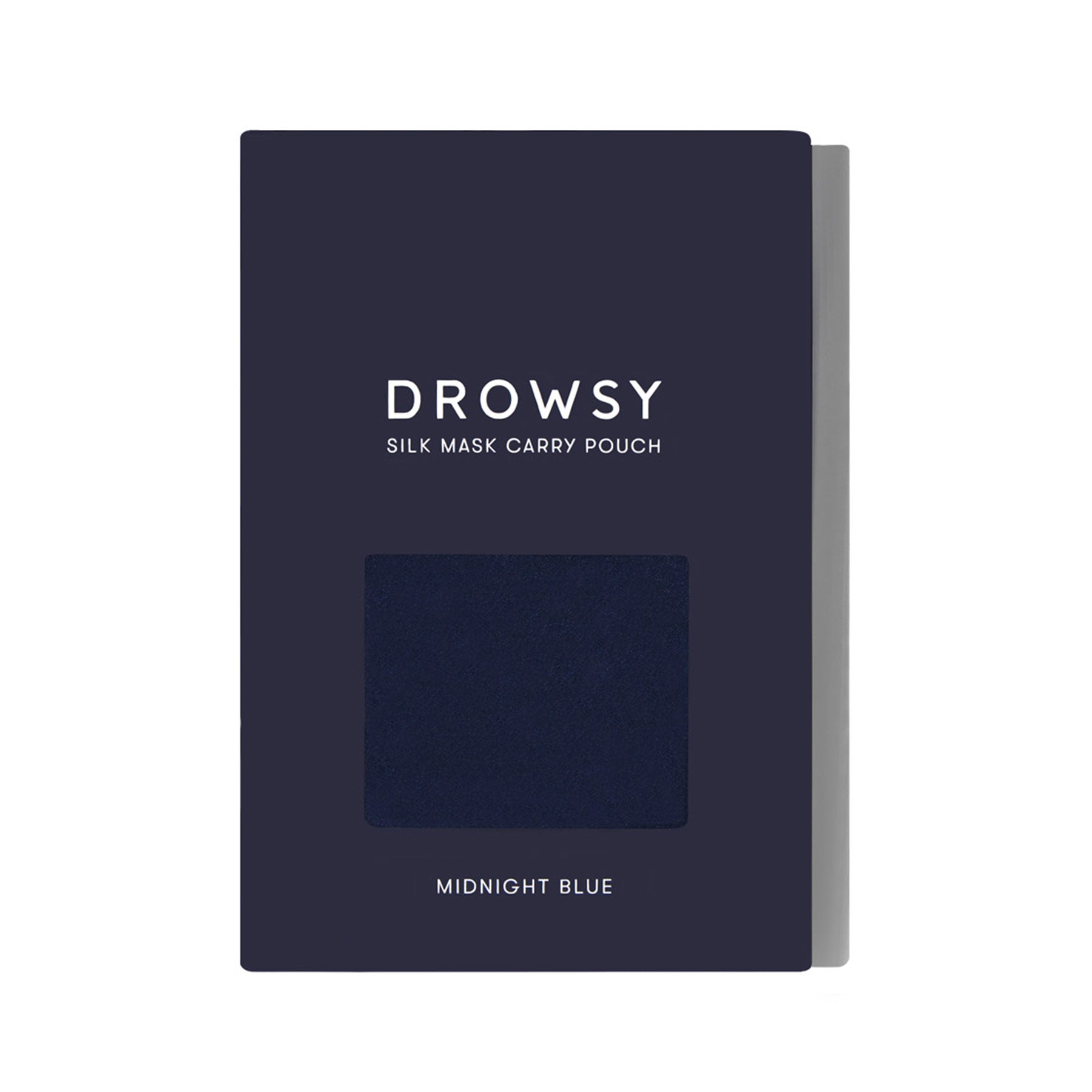 A dark blue box labeled Midnight Blue Silk Carry Pouch features a small window displaying the midnight blue mulberry silk pouch inside, with MIDNIGHT BLUE printed at the bottom.