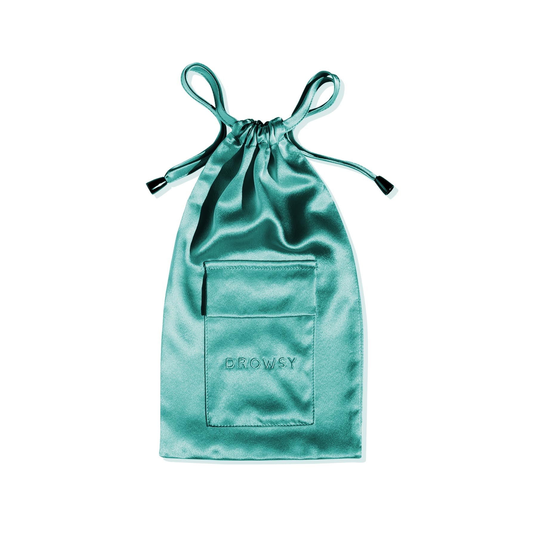 The Breakfast at Drowsy Carry Pouch is a shiny teal mulberry silk satin sleep mask pouch with a front pocket and DROWSY embroidered on it, shown against a white background.