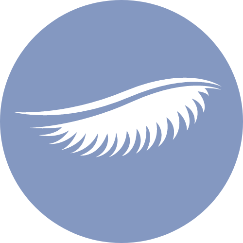 A white stylized eyelash and eyebrow icon on a circular periwinkle blue background.