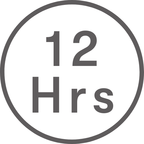 A dark circle outlines the numbers 12 above the letters Hrs, indicating a duration of 12 hours. The text and circle are in a bold, gray font on a dark background.
