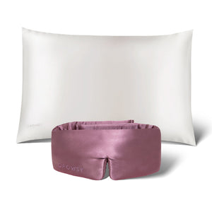 The drowsysleepco Perfect Skin Bundle Pink Damask Rose, featuring a luxurious silk pillowcase and sleep mask, is elegantly displayed on a white background—ideal for restful nights and glowing skin.