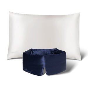 The Perfect Skin Bundle Midnight Blue by drowsysleepco includes a white pillow with a subtle logo and a dark navy blue padded silk sleep mask, both branded—ideal for enhancing your beauty sleep.
