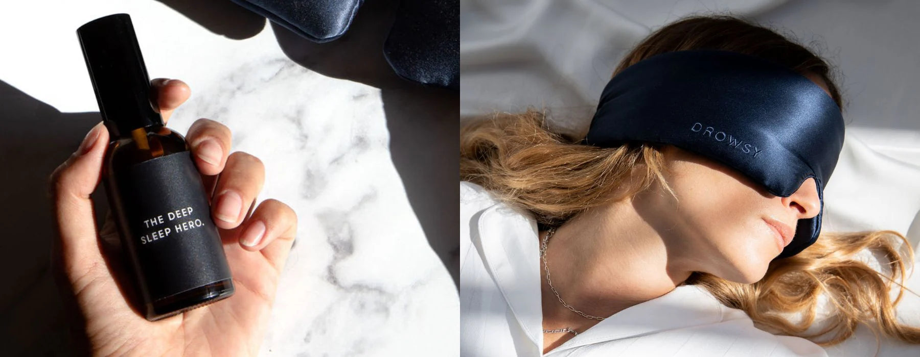 Left: A hand holds a small dark bottle labeled THE DEEP SLEEP HERO. Right: A woman lies down wearing a navy blue sleep mask labeled DROWSY, with sunlight highlighting her face and hair.