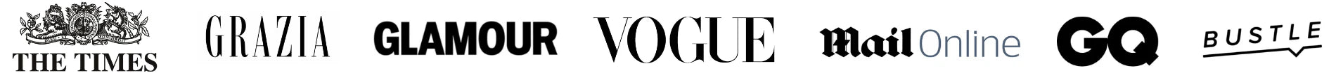 A row of logos for media outlets: The Times, Grazia, Glamour, Vogue, Mail Online, GQ, and Bustle, all in black and white.