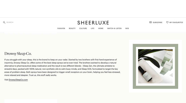 Screen shot from article featuring Drowsy Sleep Co on the Sheer Luxe website.