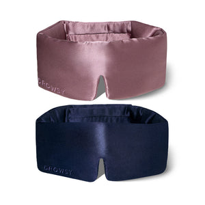The drowsysleepco 2-Pack Sleep Masks in Midnight Blue and Damask Rose are shown on a white background, each with "DROWSY" embroidered on the side and a center notch for comfort—perfect for a Valentine’s gift.