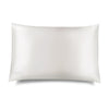The Akoya Pearl Silk Pillowcase features a sleek white rectangular design with a subtle embroidered DROWSY logo in the lower left corner, displayed on a white background with a soft right shadow—an essential for hair protection and skincare.
