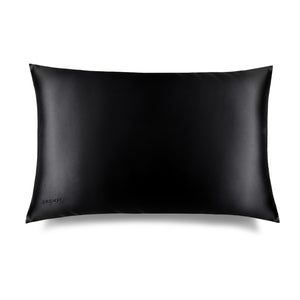 The Black Jade Silk Pillowcase features a sleek black rectangular design with a subtle embroidered DROWSY logo in the lower left corner, displayed on a white background with a soft right shadow—an essential for hair protection and skincare.