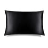 The Black Jade Silk Pillowcase features a sleek black rectangular design with a subtle embroidered DROWSY logo in the lower left corner, displayed on a white background with a soft right shadow—an essential for hair protection and skincare.