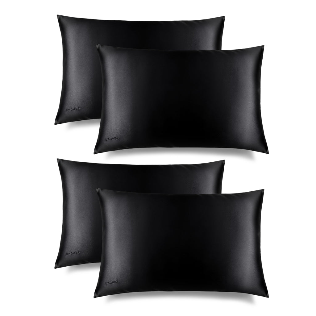 Four Black Jade Silk Pillowcases features a sleek black rectangular design with a subtle embroidered DROWSY logo in the lower left corner, displayed on a white background with a soft right shadow—an essential for hair protection and skincare.