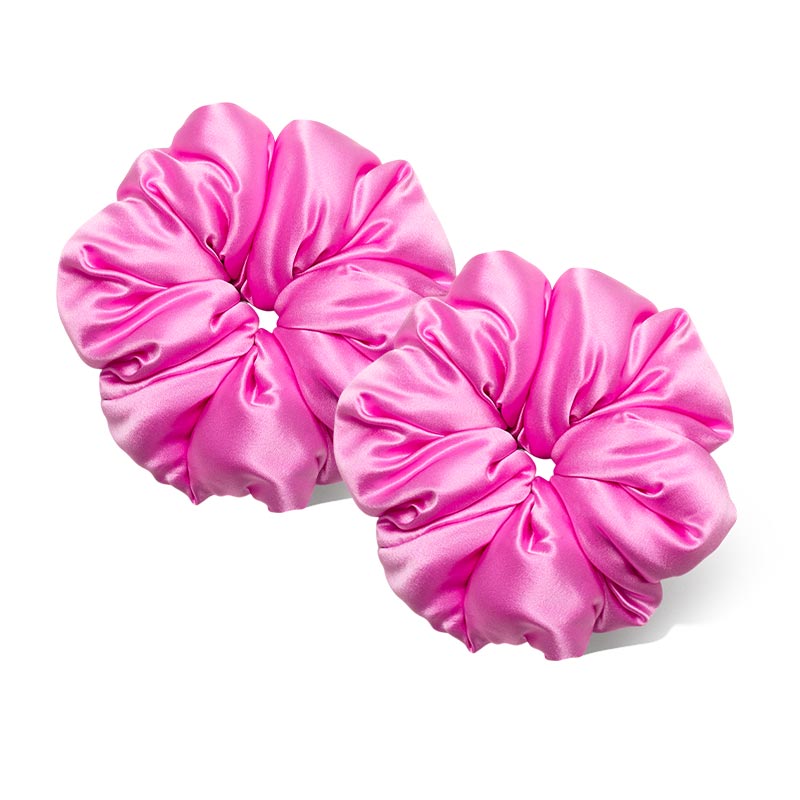 Two shiny Hotel Paradiso - Heatwave Padded Scrunchies in hot pink silk sit side by side on a white background, ideal for adding style while promoting hair thickness.
