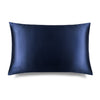 The Midnight Blue Silk Pillowcase features a sleek blue rectangular design with a subtle embroidered DROWSY logo in the lower left corner, displayed on a white background with a soft right shadow—an essential for hair protection and skincare.