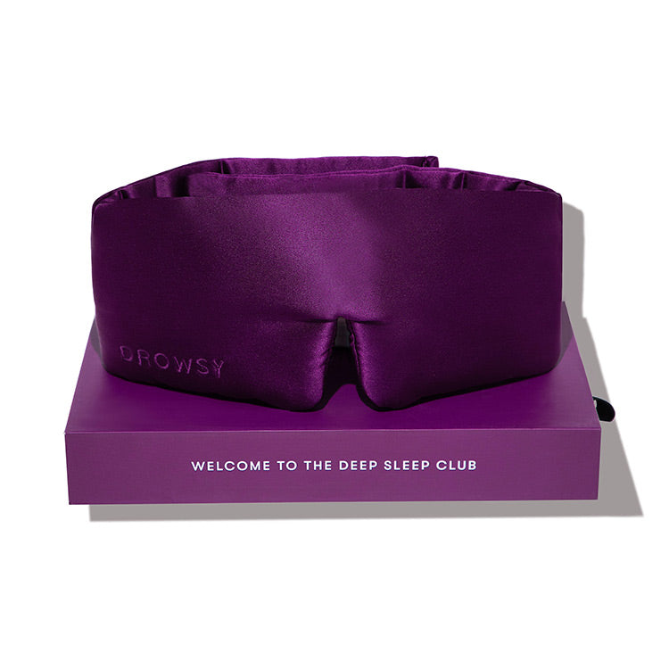 Drowsy Purple silk sleep mask and box on a white background