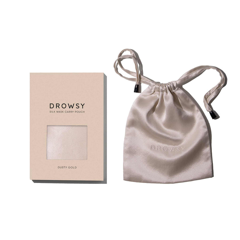 Drowsy Sleep Co. Dusty Gold Silk Carry Pouch with white box on white background