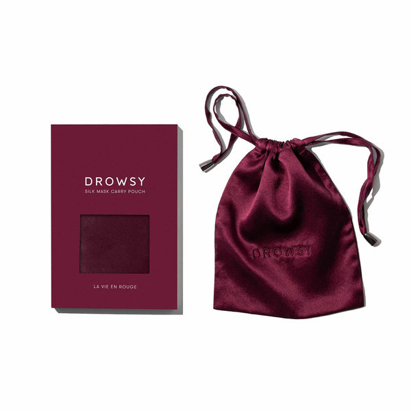 Drowsy Sleep Co. La Vie En Rouge Silk Carry Pouch and White Box on White background
