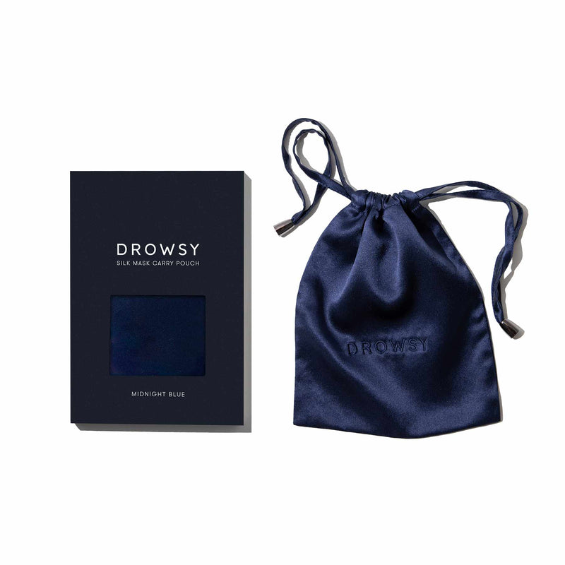 Drowsy Sleep Co. Midnight Blue Silk Carry Pouch and White Box on white background