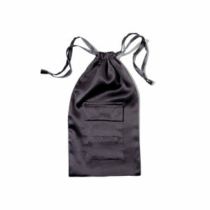 The Moonlight Shadow Silk Carry Pouch is a black satin mulberry silk bag with a drawstring closure and a small front pocket, DROWSY embossed below it, shown against a white background.