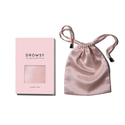 Drowsy Sleep Co Sunset Pink Silk Carry Pouch and box on white background