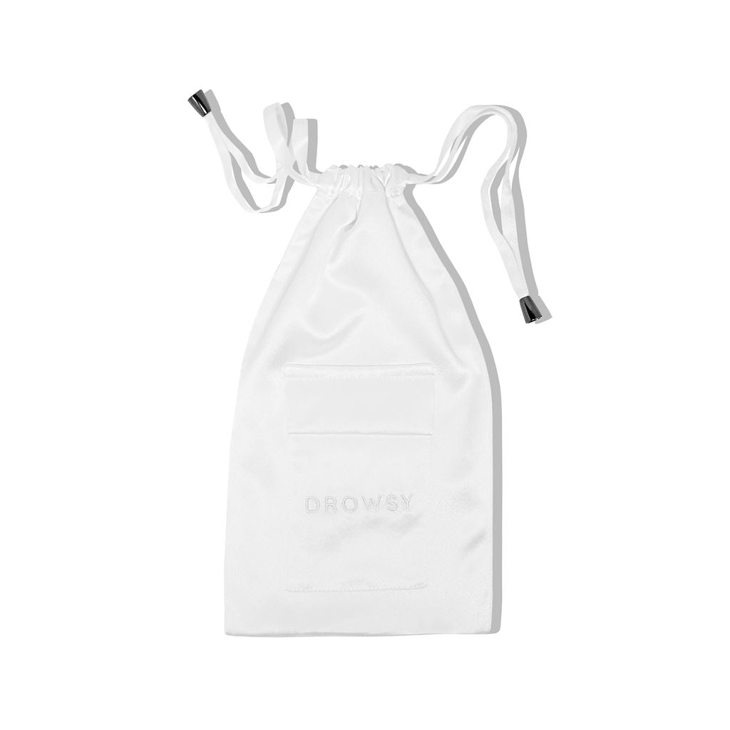 Silk white carry pouch for eye mask on a white background