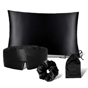 The drowsysleepco Sensual sleep bundle - Black Jade features a black satin pillowcase, eye mask, scrunchie, and drawstring pouch from their beauty sleep collection, all shown against a white background.