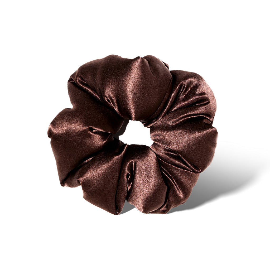 The Cocoa Glow - Padded Scrunchie, in shiny dark brown silk, is displayed oversized against a white background with a subtle shadow.