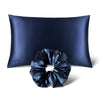 The drowsysleepco Perfect Hair Bundle Midnight Blue features a silk pillowcase and matching padded scrunchie, beautifully displayed on a plain white background.