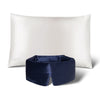 The Perfect Skin Bundle Midnight Blue by drowsysleepco includes a white pillow with a subtle logo and a dark navy blue padded silk sleep mask, both branded—ideal for enhancing your beauty sleep.