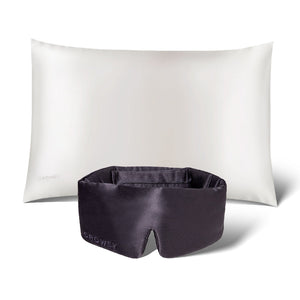 The drowsysleepco Perfect Skin Bundle Grey Moonlight Shadow, featuring a luxurious white silk pillowcase and grey silk sleep mask, is elegantly displayed on a white background—ideal for restful nights and glowing skin.
