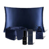 The drowsysleepco Midnight ritual bundle in Midnight Blue includes a pillowcase, sleep mask, spray bottle, pouch, and box, all beautifully displayed on a white background.
