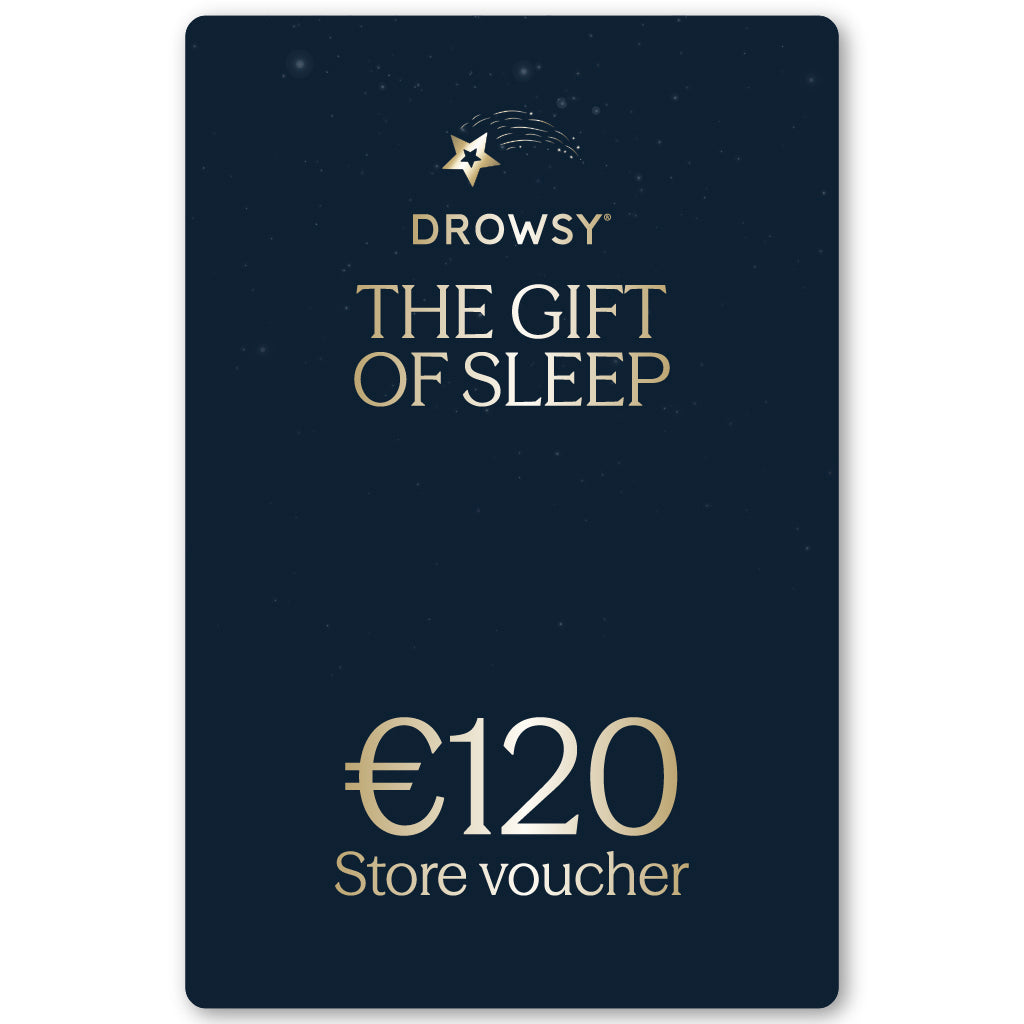 The Sleep Gift Card features a dark blue design with the Drowsy logo, “THE GIFT OF SLEEP,” and a €120 store voucher in gold letters—ideal for treats from our online shop.