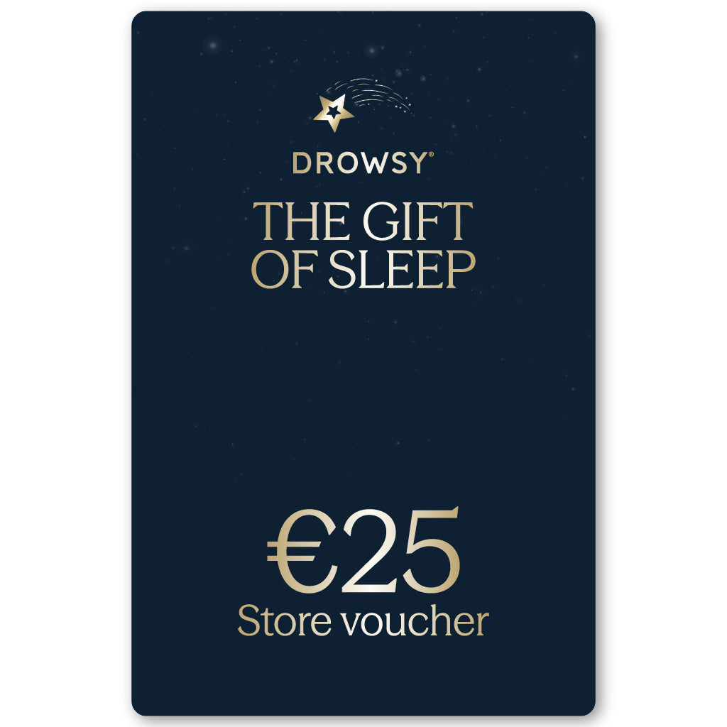 A dark blue Sleep Gift Card with gold text reads “Drowsy The Gift of Sleep” and “€25 online store voucher” below. A gold star and crescent logo is displayed at the top.