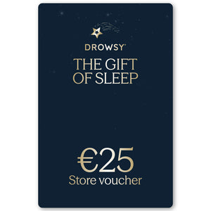 A dark blue Sleep Gift Card with gold text reads “Drowsy The Gift of Sleep” and “€25 online store voucher” below. A gold star and crescent logo is displayed at the top.
