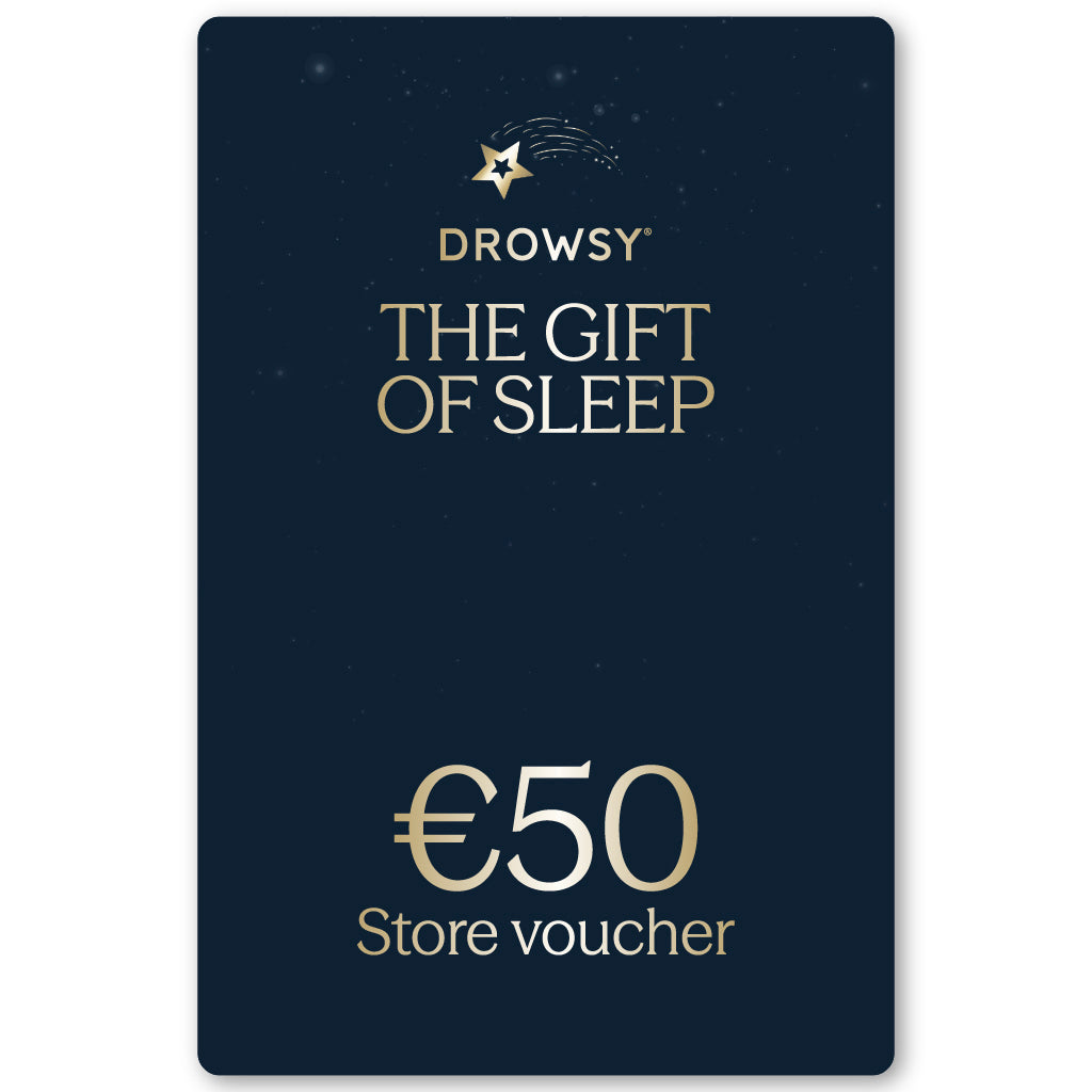 The Sleep Gift Card features dark blue with gold text, "Drowsy The Gift of Sleep" and a large €50 Store Voucher. A shooting star logo sits above, making it the perfect present for restful nights from our online store.