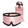 The drowsysleepco Sleep and the City - Pink & Black Sleep Mask + Pouch features a pink silk mask with black ruffled edges and DROWSY embroidery, plus a matching satin drawstring pouch with black ribbon accents for blackout comfort.
