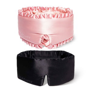 Experience luxurious comfort with the drowsysleepco 2-Pack Sleep Masks | Sleep and the City Powder Pink + Black Jade—choose between a ruffled pink or sleek black design for your perfect night's rest.