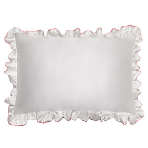 The drowsysleepco Sleep and the City - Pearl & Pink Pillowcase features a rectangular white satin design with light pink ruffle trim, shown against a plain white background.