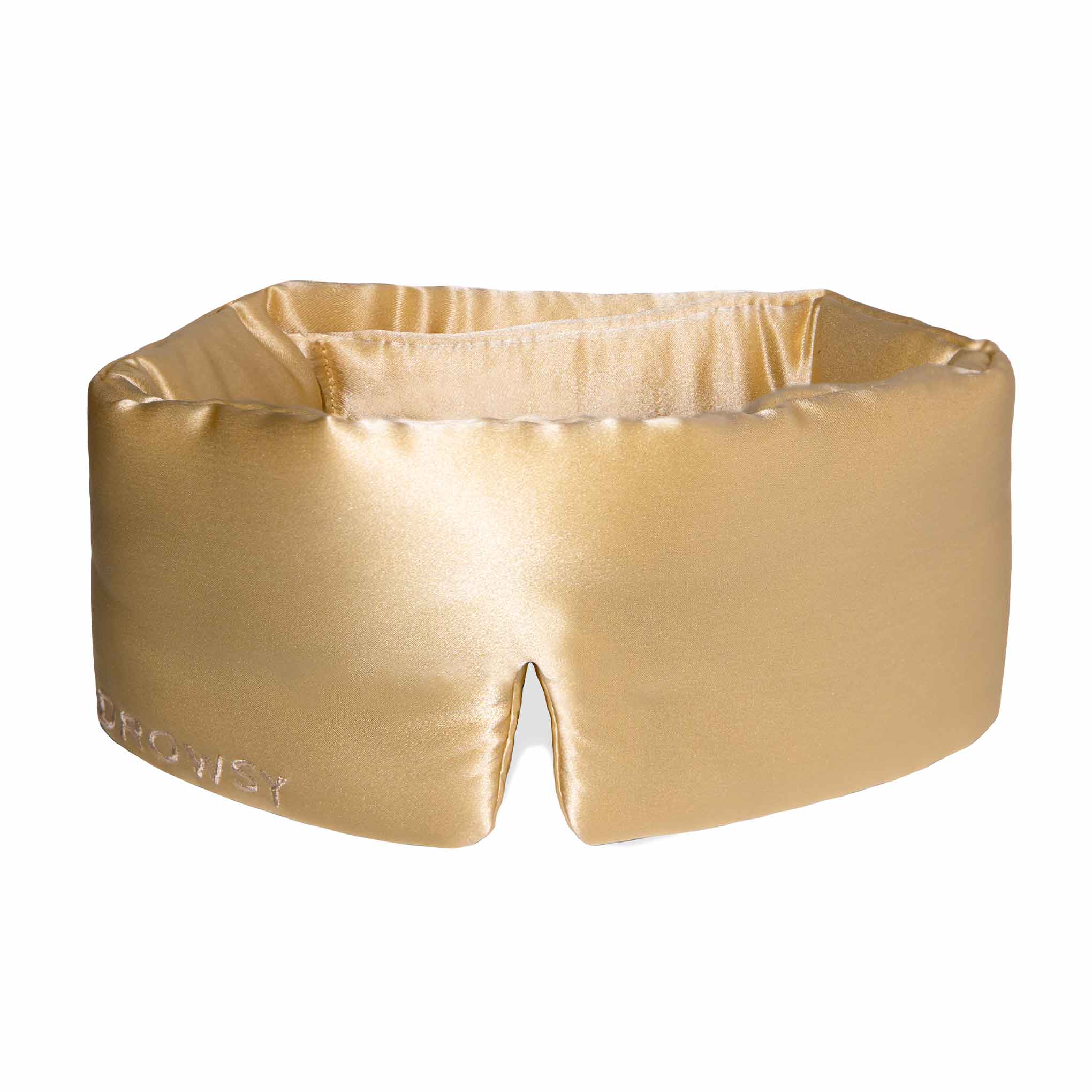 Luxury gold Drowsy silk sleep mask on white background