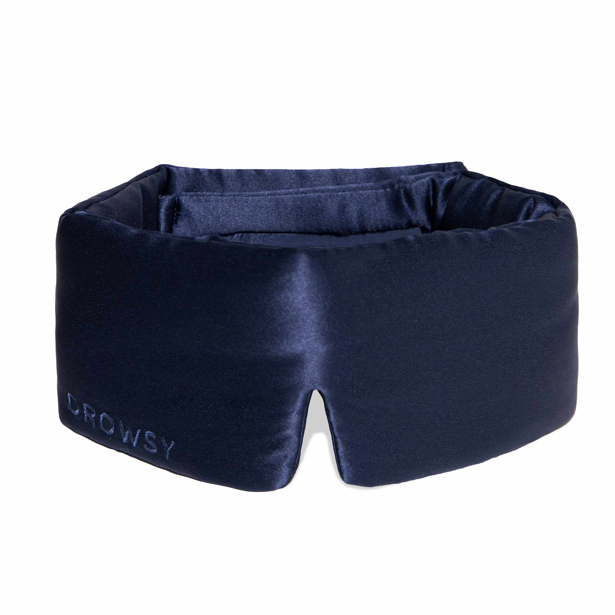 Luxury blue Drowsy silk sleep mask on white background